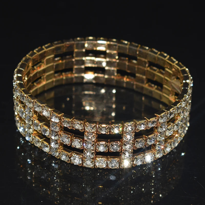 Bridal Rhinestone Bracelet Multi-Row Crystal Stretch Bracelet Wristband Stretchable Bracelet Gold Silver Plated Width Bracelet