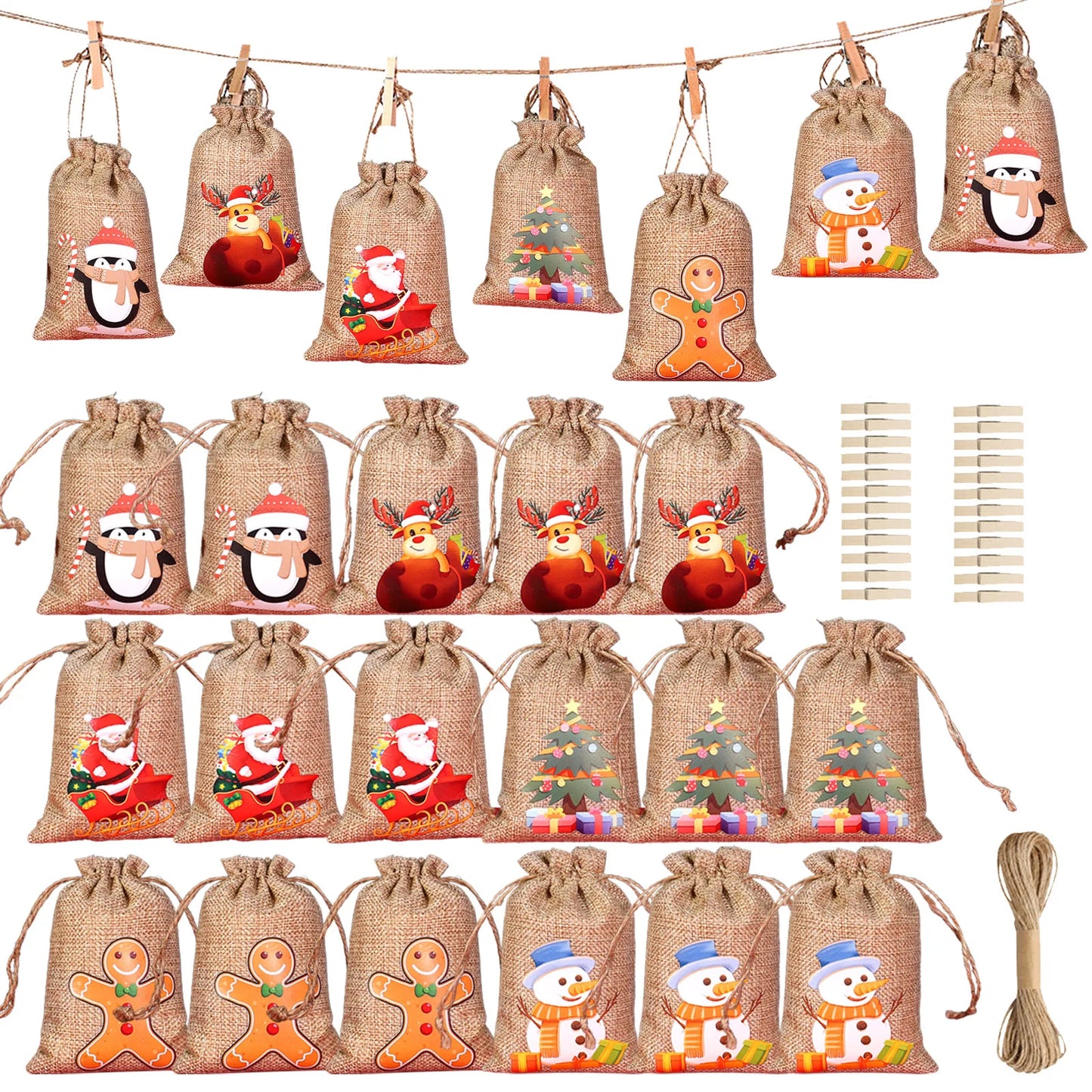 24Pcs Christmas Advent Calendar Bag Linen Wall Hanging Drawstring Bag with Clips Wooden Sign 2022 Christmas Countdown Advent Bag