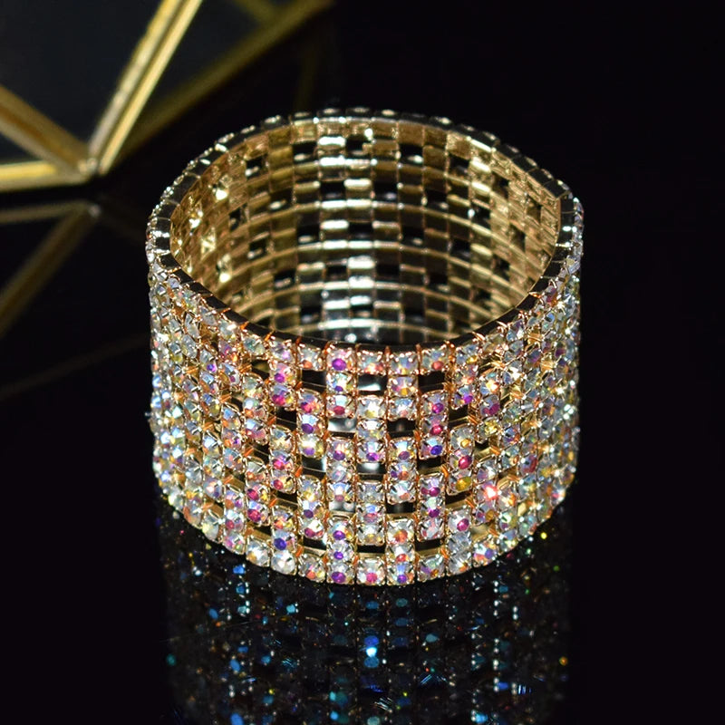 Bridal Rhinestone Bracelet Multi-Row Crystal Stretch Bracelet Wristband Stretchable Bracelet Gold Silver Plated Width Bracelet