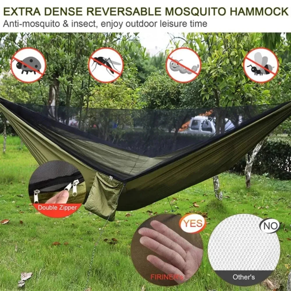 Lightweight Outdoor Camping Hammock with Mosquito Net - High Strength Parachute Fabric, 250x120cm Hanging Bed for Ultimate Comfort