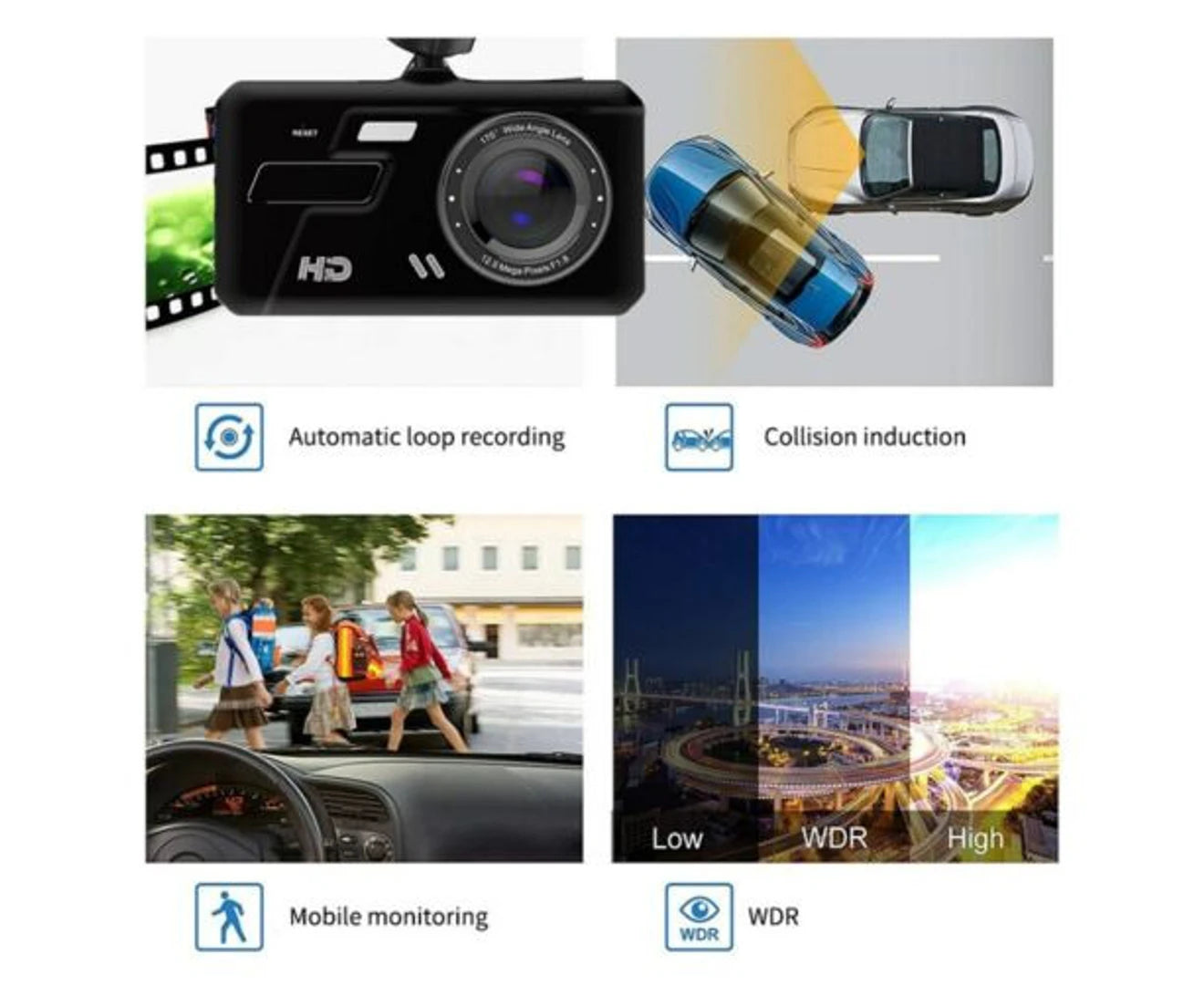 Mini 4" Car Dash Camera Touch Night Vision Mobile Monitor Video DVR Recorder Front and Rear Dual Cam