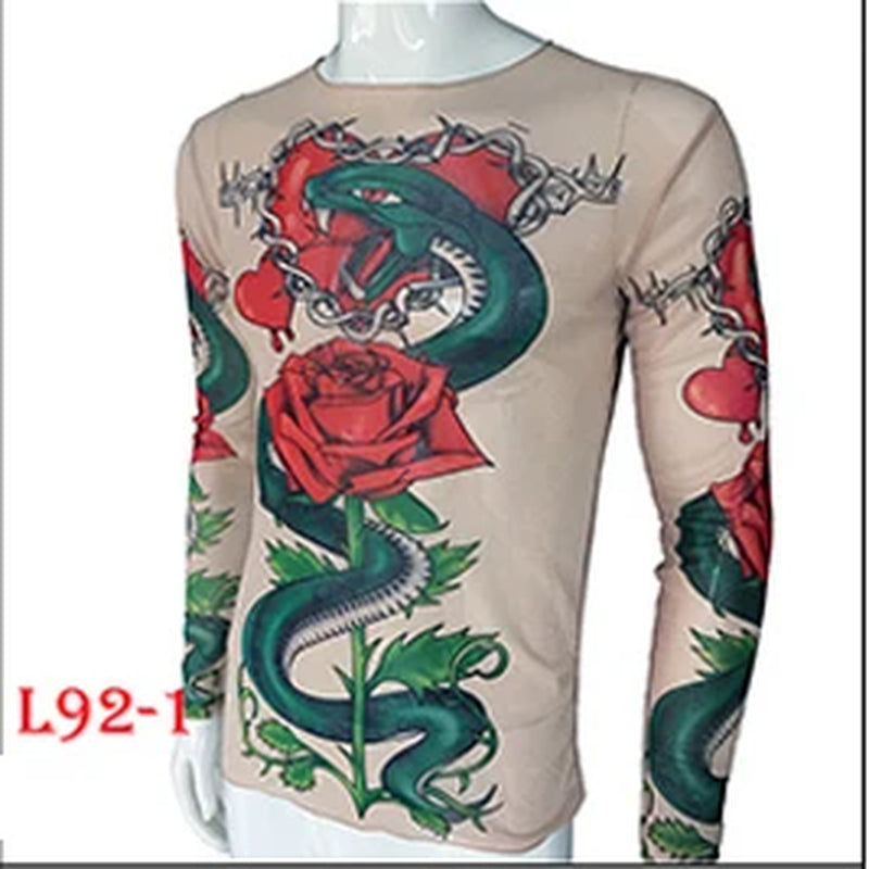 Fashion Men'S Fake Tattoo T-Shirts Long Sleeve Elastic Modal Thin All over Print O-Neck Tattoo Shirts Women Halloween Clothing