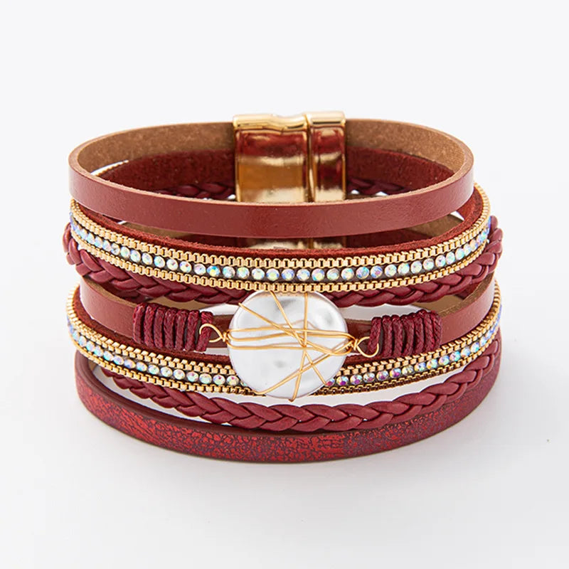 Multi-Layer Leather-Shell Wrap Bracelet with Magnetic Clasp Cuff Bangle Rope Beads Bracelet Jewelry for Women Girl Gift