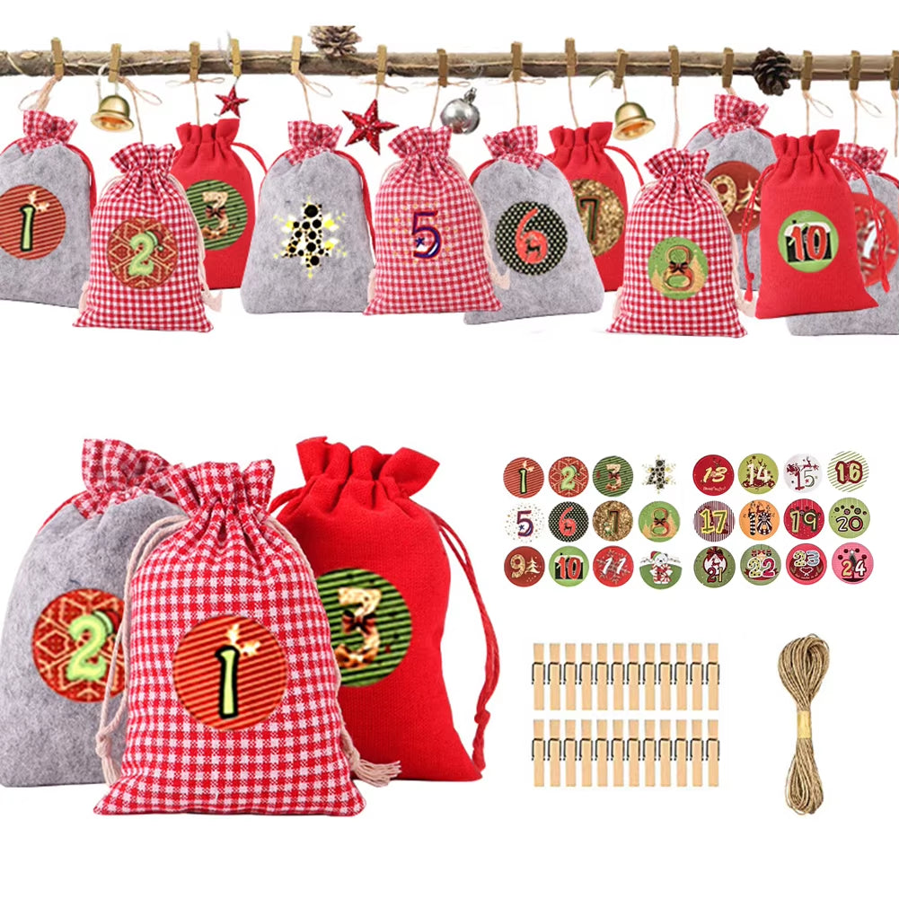 24Pcs Christmas Advent Calendar Bag Linen Wall Hanging Drawstring Bag with Clips Wooden Sign 2022 Christmas Countdown Advent Bag