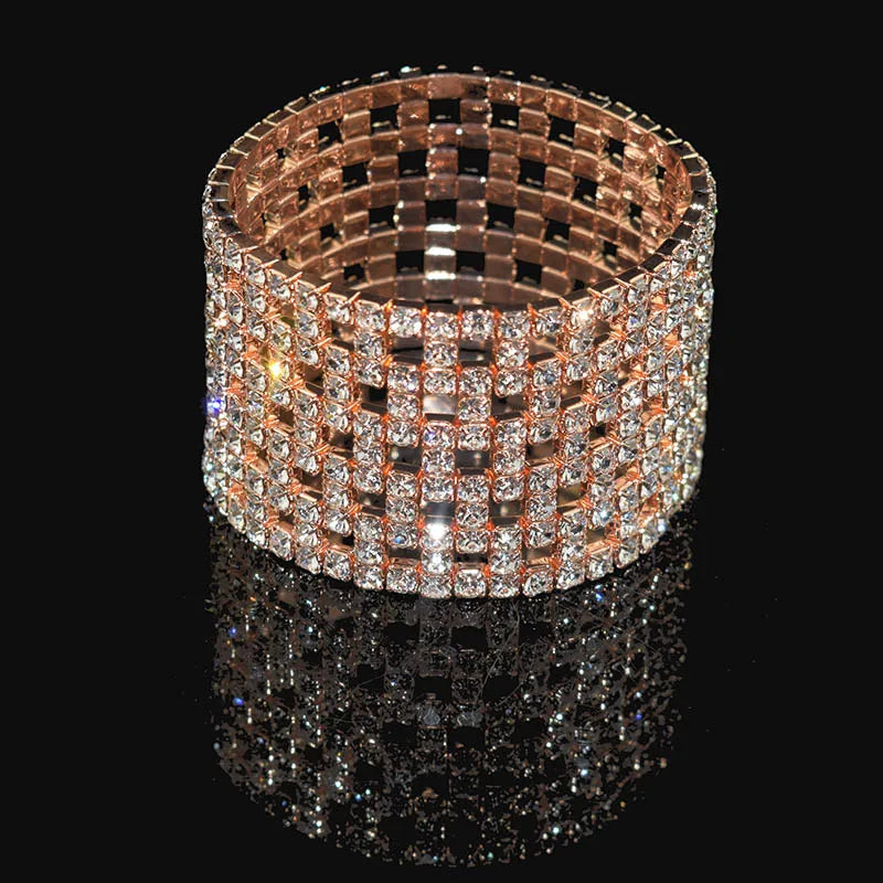 Bridal Rhinestone Bracelet Multi-Row Crystal Stretch Bracelet Wristband Stretchable Bracelet Gold Silver Plated Width Bracelet