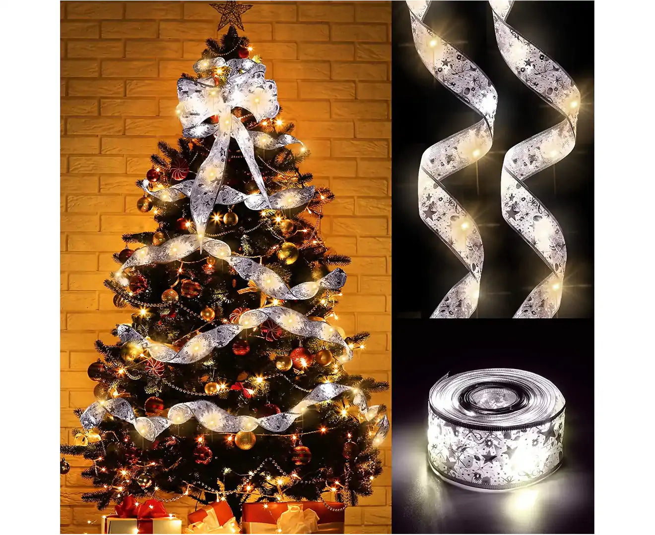 5M/16.4FT Christmas Fairy Lights,Golden Ribbon Christmas Lights Battery Operated String Lights for Christmas Tree Xmas - Cool White