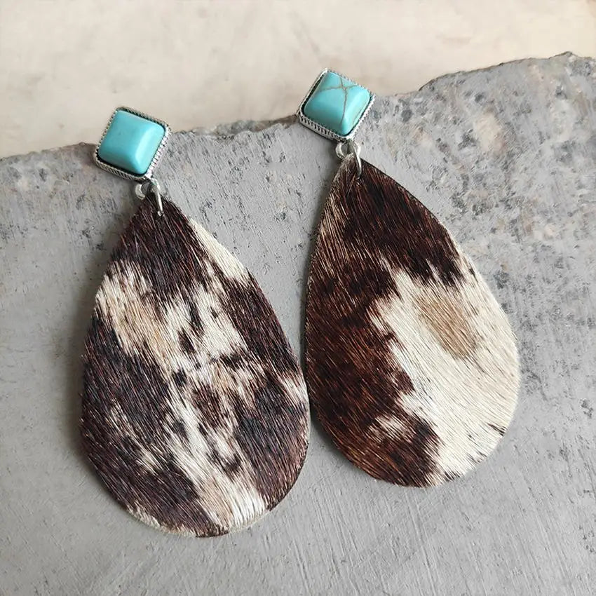 Square Turquoise and Genuine Cowhide Leather Teardrop Drop Earrings for Women Every Day Earrings Accessories Jewelry