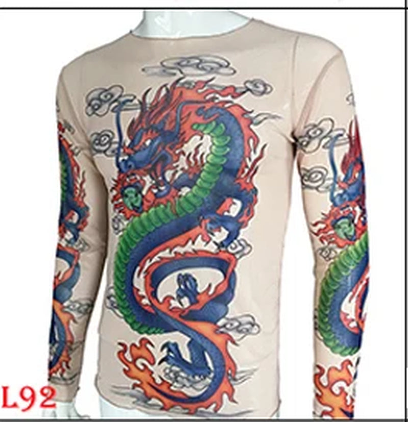 Fashion Men'S Fake Tattoo T-Shirts Long Sleeve Elastic Modal Thin All over Print O-Neck Tattoo Shirts Women Halloween Clothing