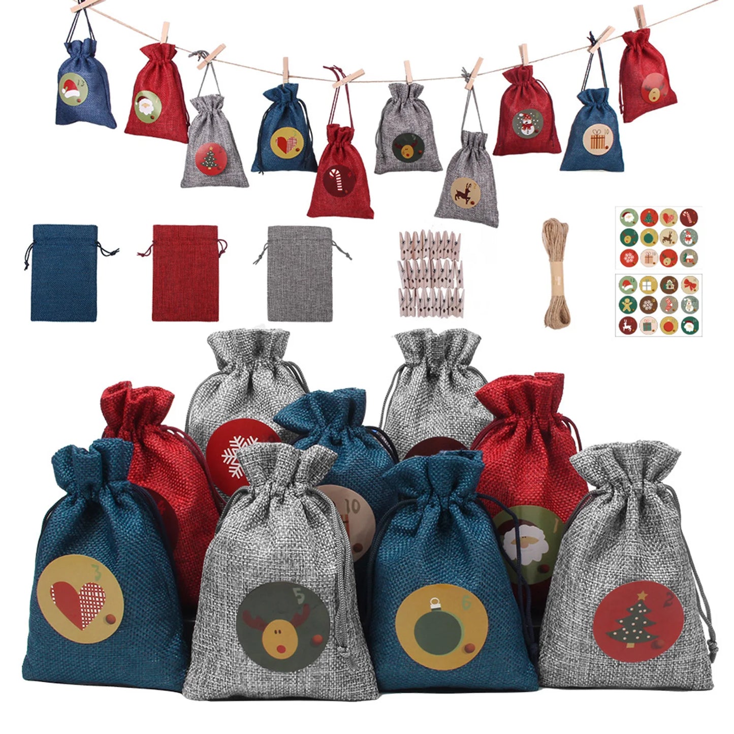 24Pcs Christmas Advent Calendar Bag Linen Wall Hanging Drawstring Bag with Clips Wooden Sign 2022 Christmas Countdown Advent Bag