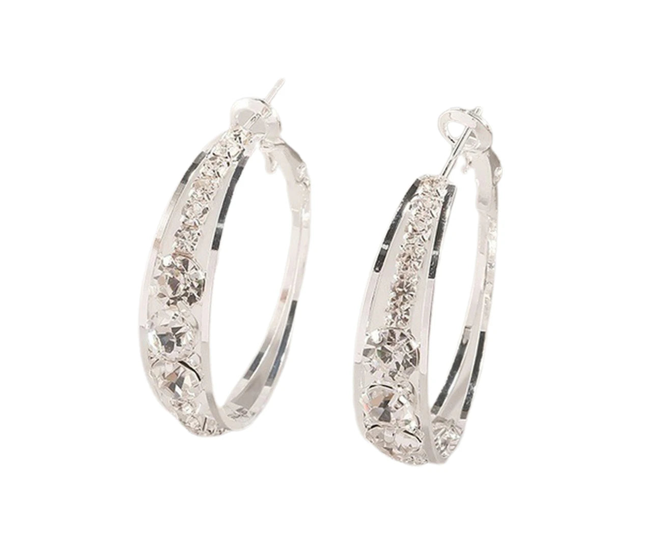 Women Earrings Attractive Shiny Rhinestones Inlaid Hoop Earrings Piercing Jewelry for Party-Silver - Silver