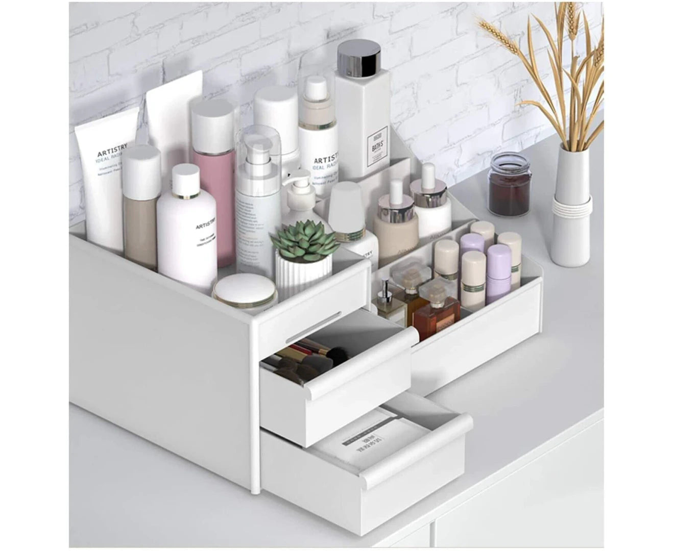 "Elegant Makeup Organizer with Drawers - Perfect Bathroom Skincare Storage Solution!"