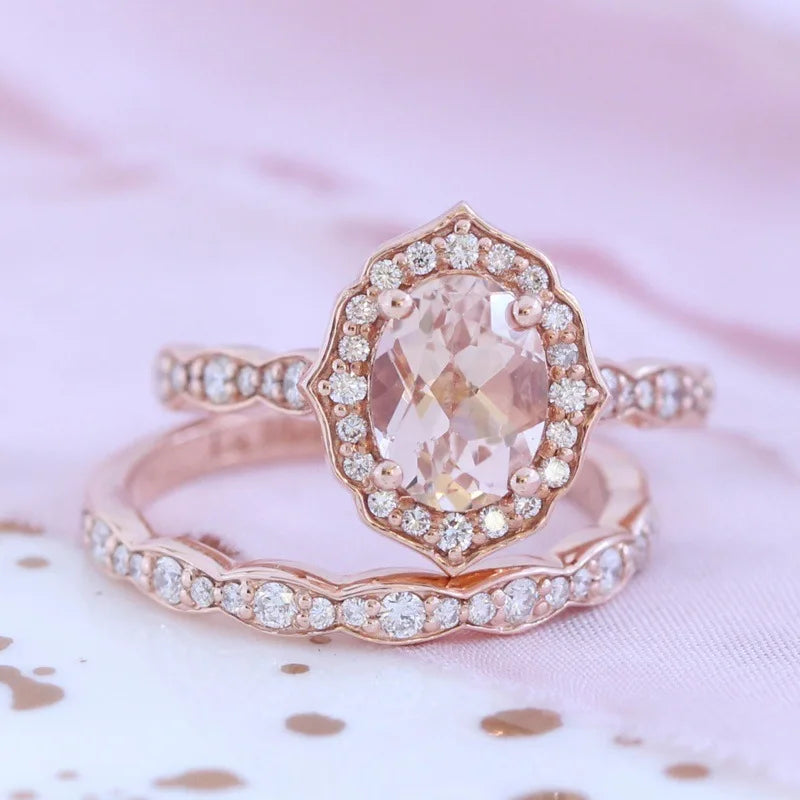 Austrian Oval Crystal CZ Rings Set for Women Wedding Trendy Rose Gold Color Jewelry Finger Fashion Love Gifts Ring