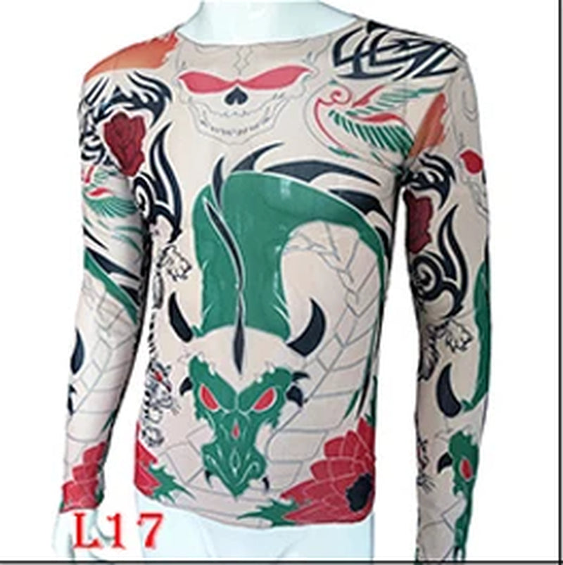 Fashion Men'S Fake Tattoo T-Shirts Long Sleeve Elastic Modal Thin All over Print O-Neck Tattoo Shirts Women Halloween Clothing