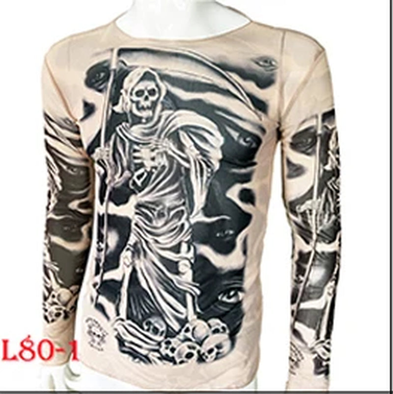 Fashion Men'S Fake Tattoo T-Shirts Long Sleeve Elastic Modal Thin All over Print O-Neck Tattoo Shirts Women Halloween Clothing