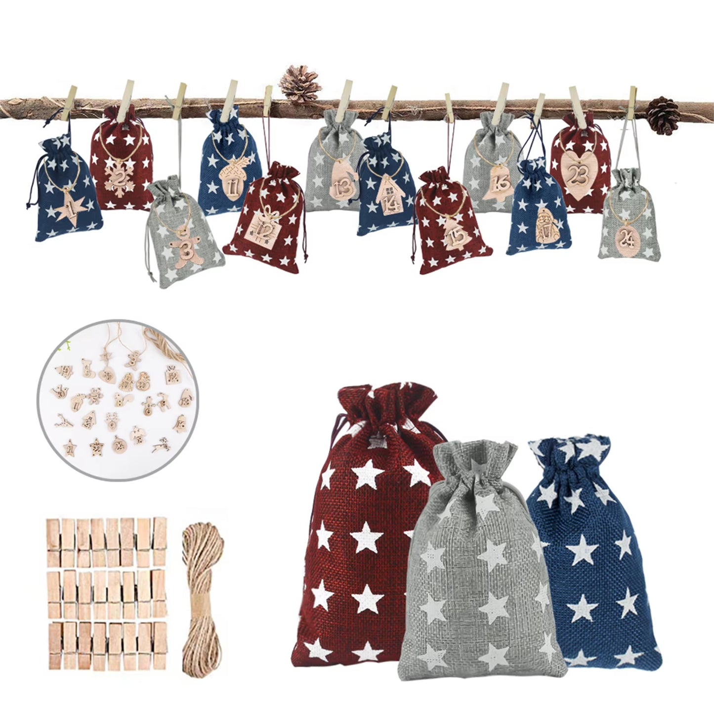 24Pcs Christmas Advent Calendar Bag Linen Wall Hanging Drawstring Bag with Clips Wooden Sign 2022 Christmas Countdown Advent Bag