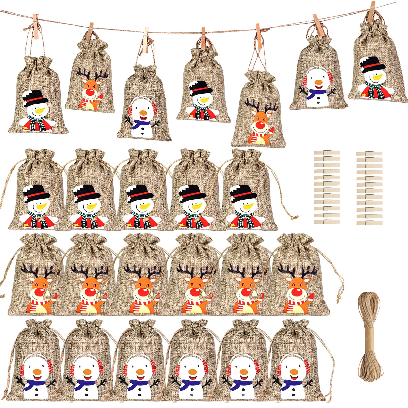 24Pcs Christmas Advent Calendar Bag Linen Wall Hanging Drawstring Bag with Clips Wooden Sign 2022 Christmas Countdown Advent Bag