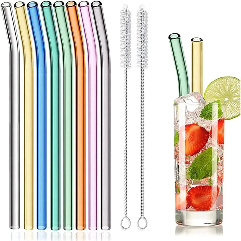 Eco-Friendly Reusable Glass Straws for Smoothies, Milkshakes, Tea, Juice, and Cocktails - Multi-Color Set with Cleaning Brush