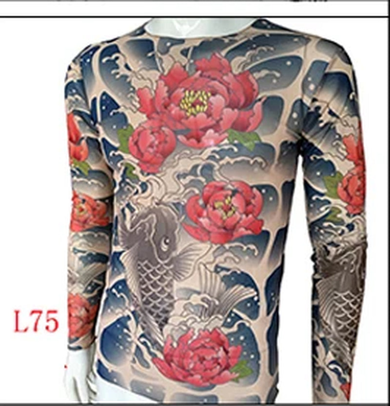 Fashion Men'S Fake Tattoo T-Shirts Long Sleeve Elastic Modal Thin All over Print O-Neck Tattoo Shirts Women Halloween Clothing