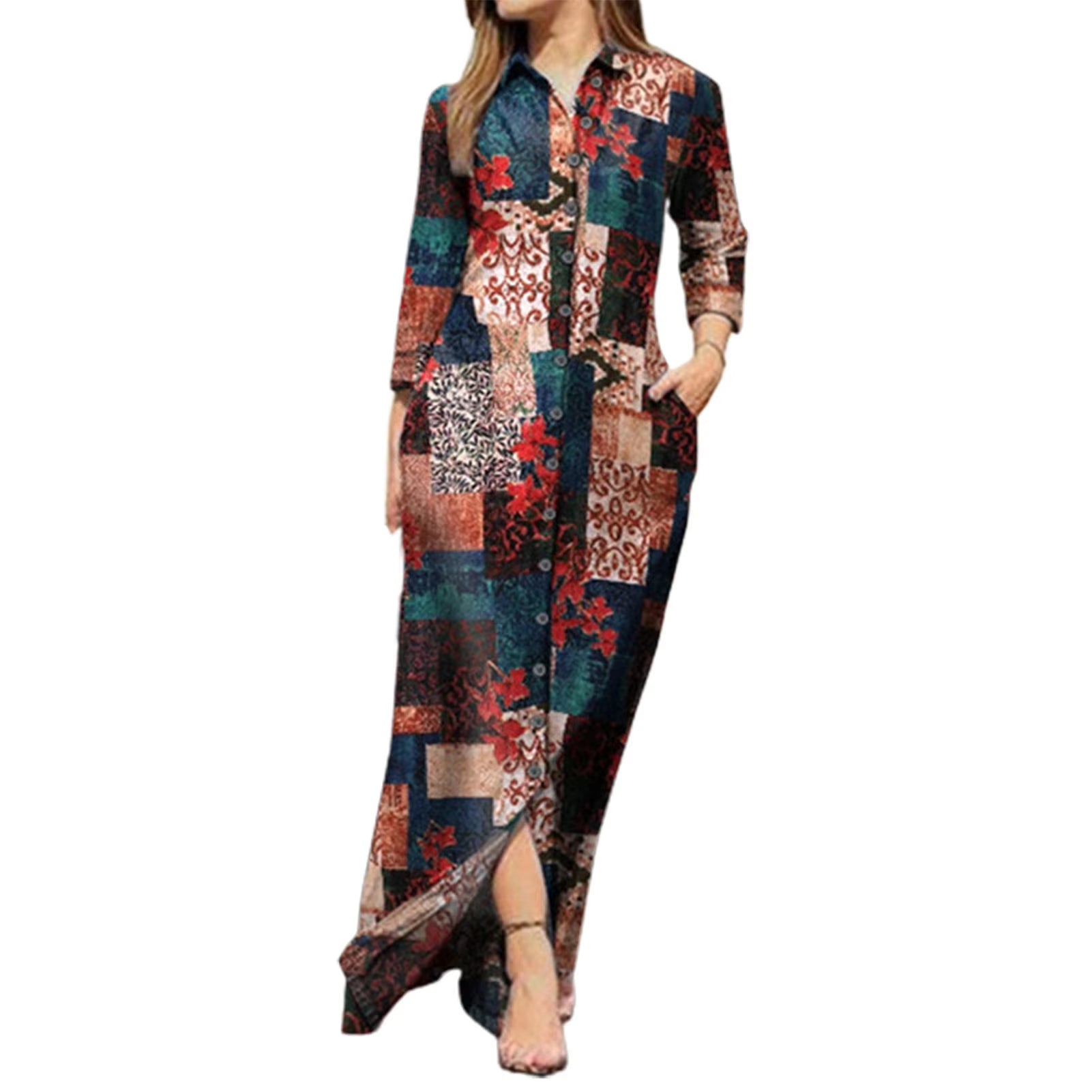 New Autumn Casual Fashion Women Dress Single-Breasted Long Sleeve Printed Loose Maxi 