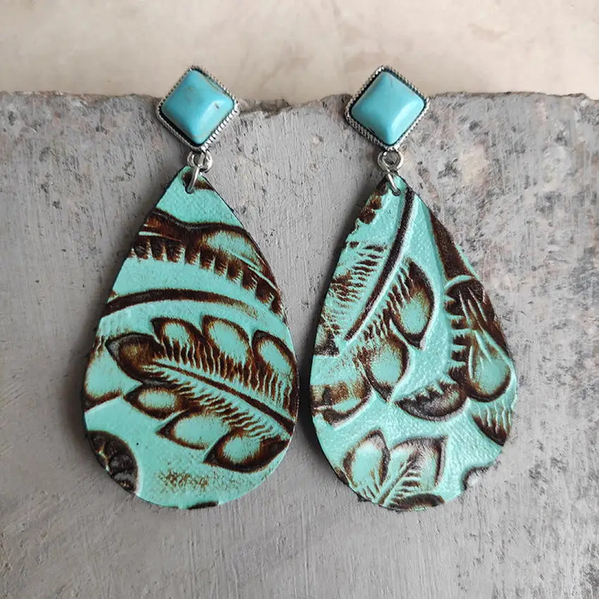 Square Turquoise and Genuine Cowhide Leather Teardrop Drop Earrings for Women Every Day Earrings Accessories Jewelry