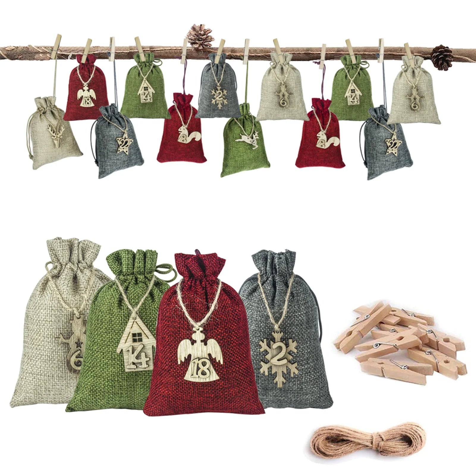 24Pcs Christmas Advent Calendar Bag Linen Wall Hanging Drawstring Bag with Clips Wooden Sign 2022 Christmas Countdown Advent Bag