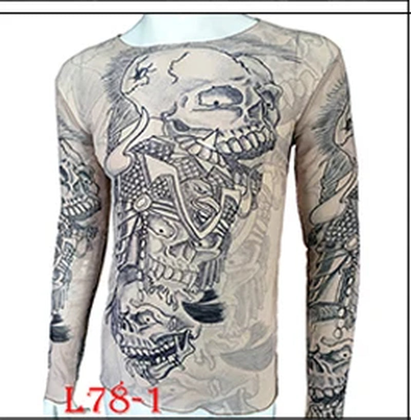 Fashion Men'S Fake Tattoo T-Shirts Long Sleeve Elastic Modal Thin All over Print O-Neck Tattoo Shirts Women Halloween Clothing