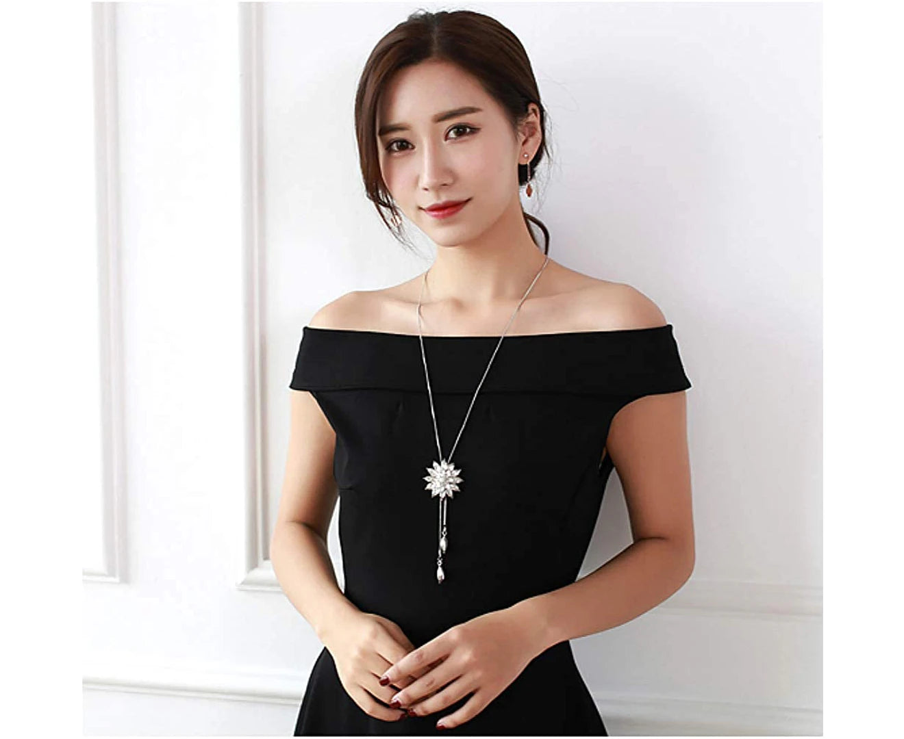 Rhinestone Lotus Pendant Long Necklace Ladies Sweater Chain Necklace