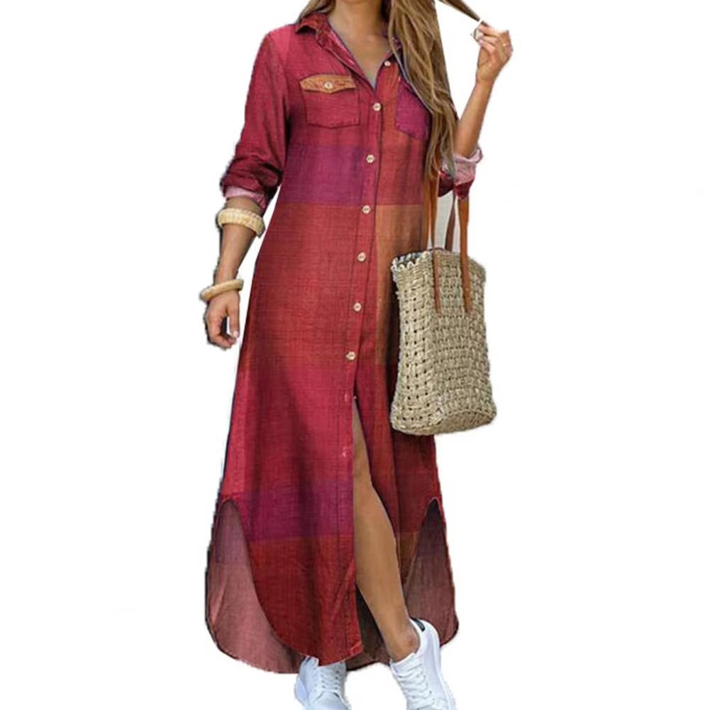 New Autumn Casual Fashion Women Dress Single-Breasted Long Sleeve Printed Loose Maxi 