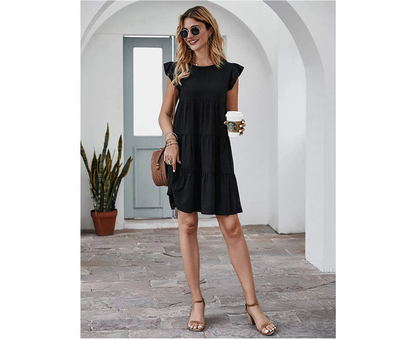 Women's Sleeveless Ruffle Sleeve Round Neck Solid Color Loose Short Pleated Dress in Black