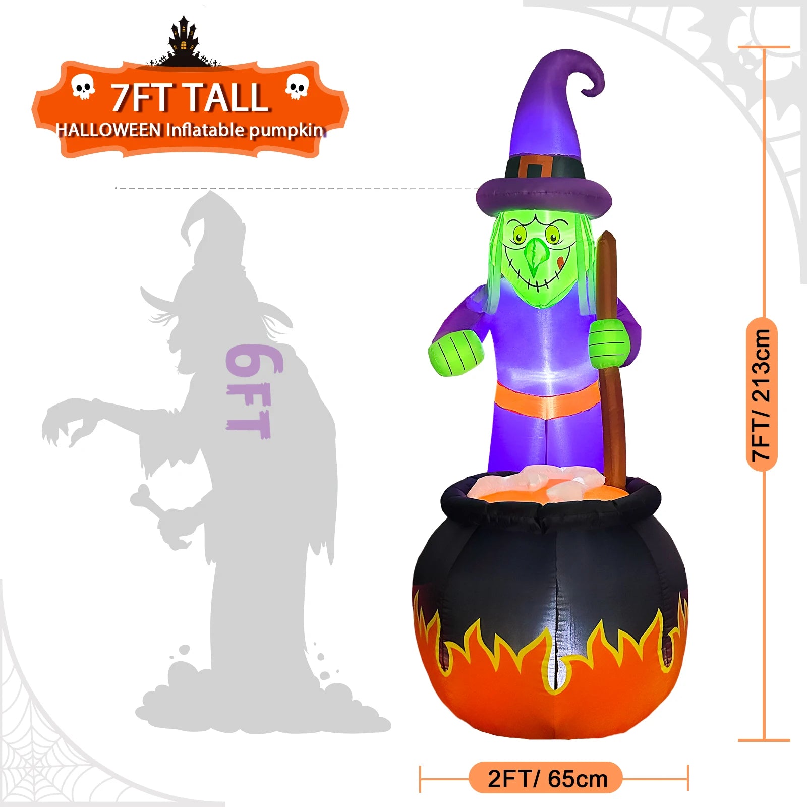 6 FT Halloween Cute Witch and Cauldron Inflatable Witch Outdoor Decorations Blow up Yard for Outdoor Garden Lawn Party Decor