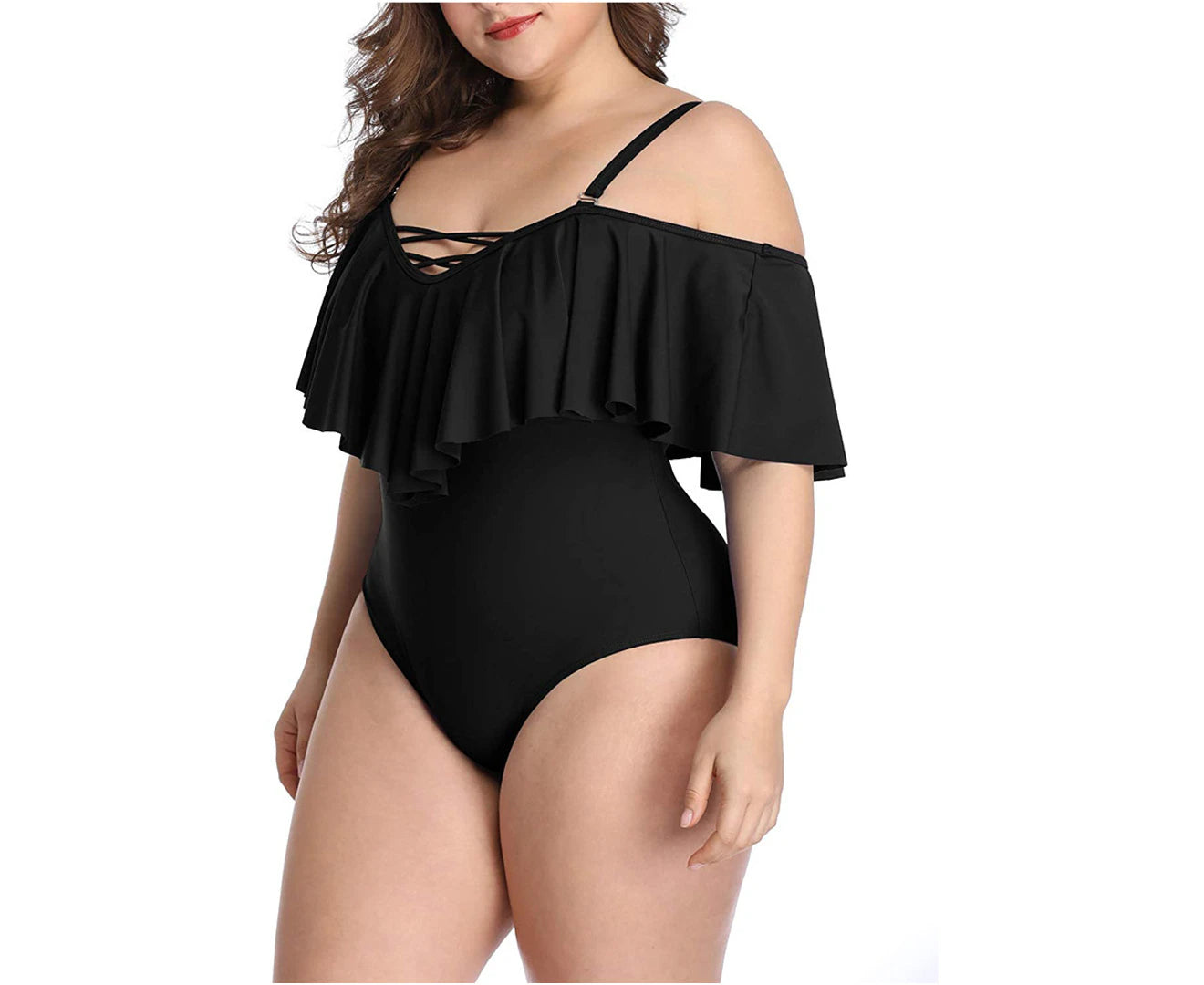 Stylish Plus Size Off-Shoulder One Piece Swimsuits with Tummy Control - Sleek Black Swimwear for Women