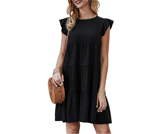 Women's Sleeveless Ruffle Sleeve Round Neck Solid Color Loose Short Pleated Dress in Black