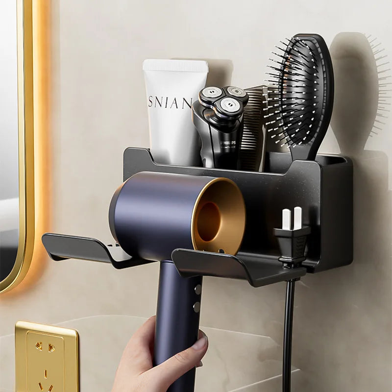 Wall-Mounted Hair Dryer Storage Rack - Multi-Functional Non-Perforated Bathroom Organizer