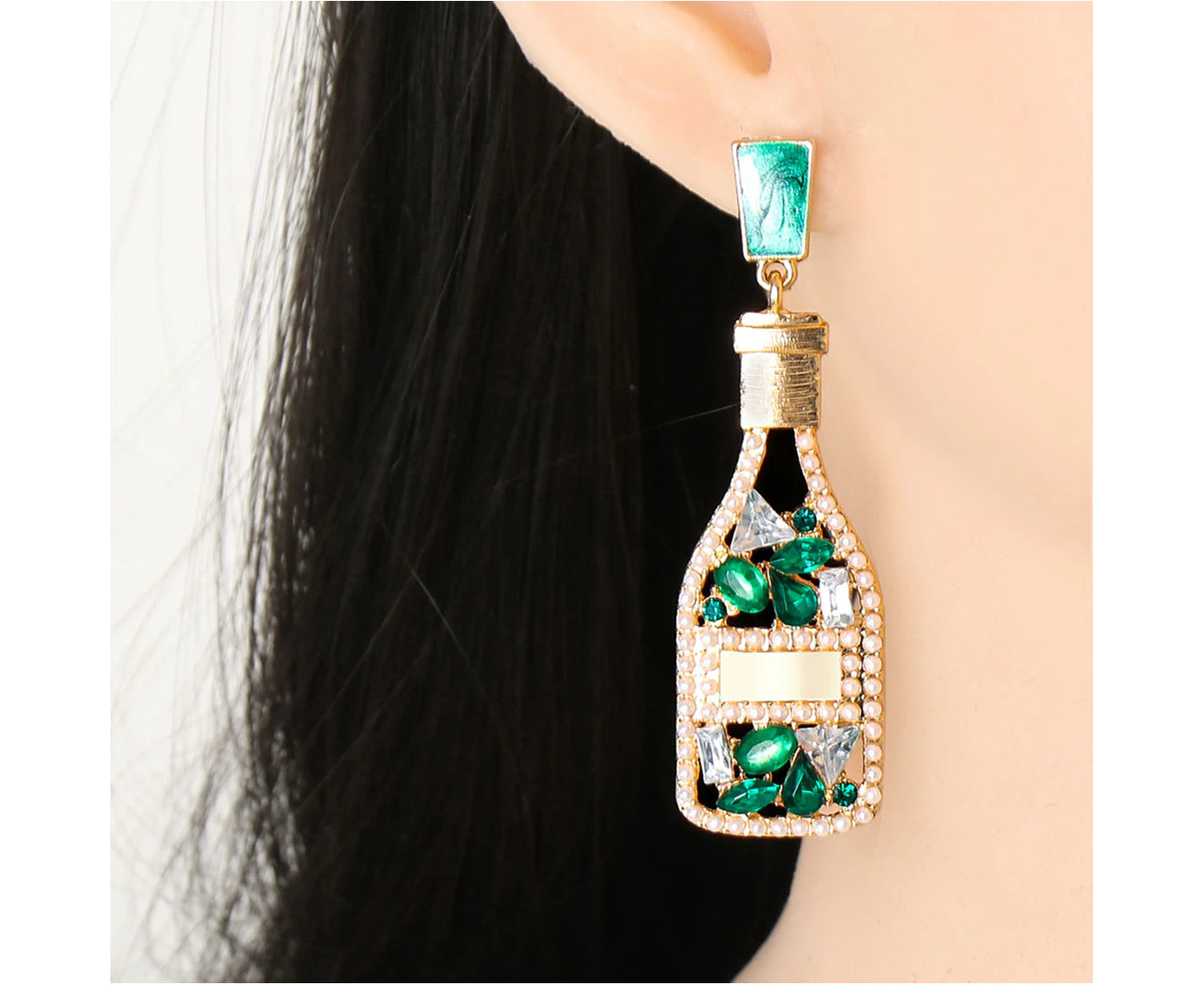 1 Pair Women Earrings Wine Bottle Rhinestones Creative Vintage Long Lasting Dangle Earrings for Banquet - Green