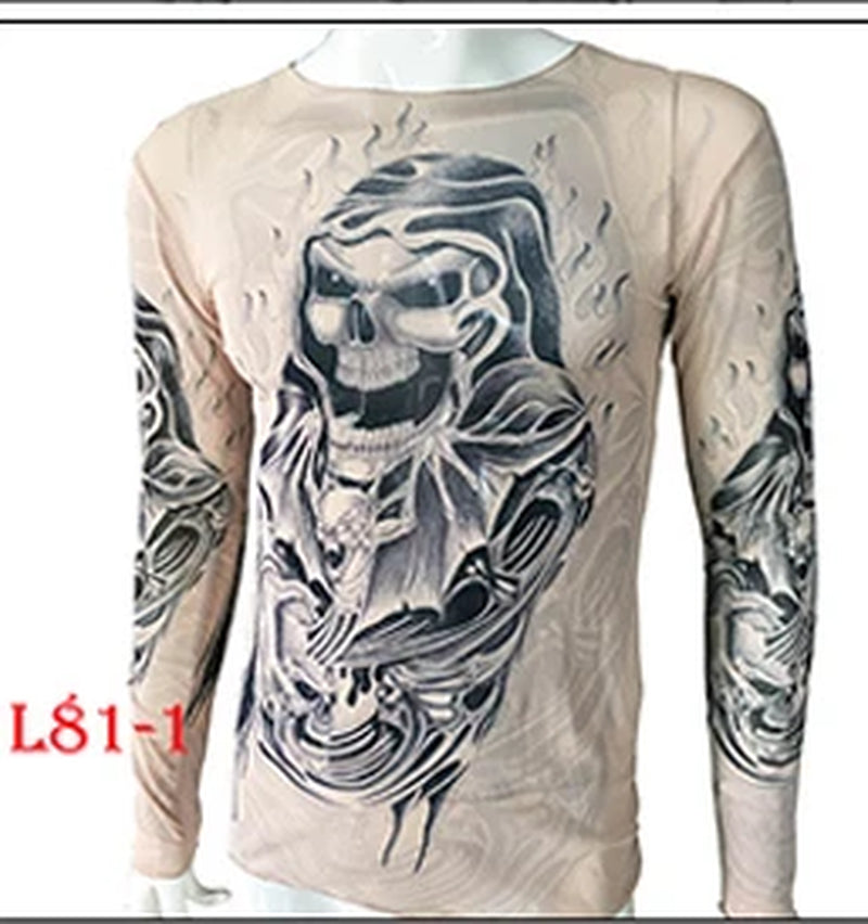 Fashion Men'S Fake Tattoo T-Shirts Long Sleeve Elastic Modal Thin All over Print O-Neck Tattoo Shirts Women Halloween Clothing