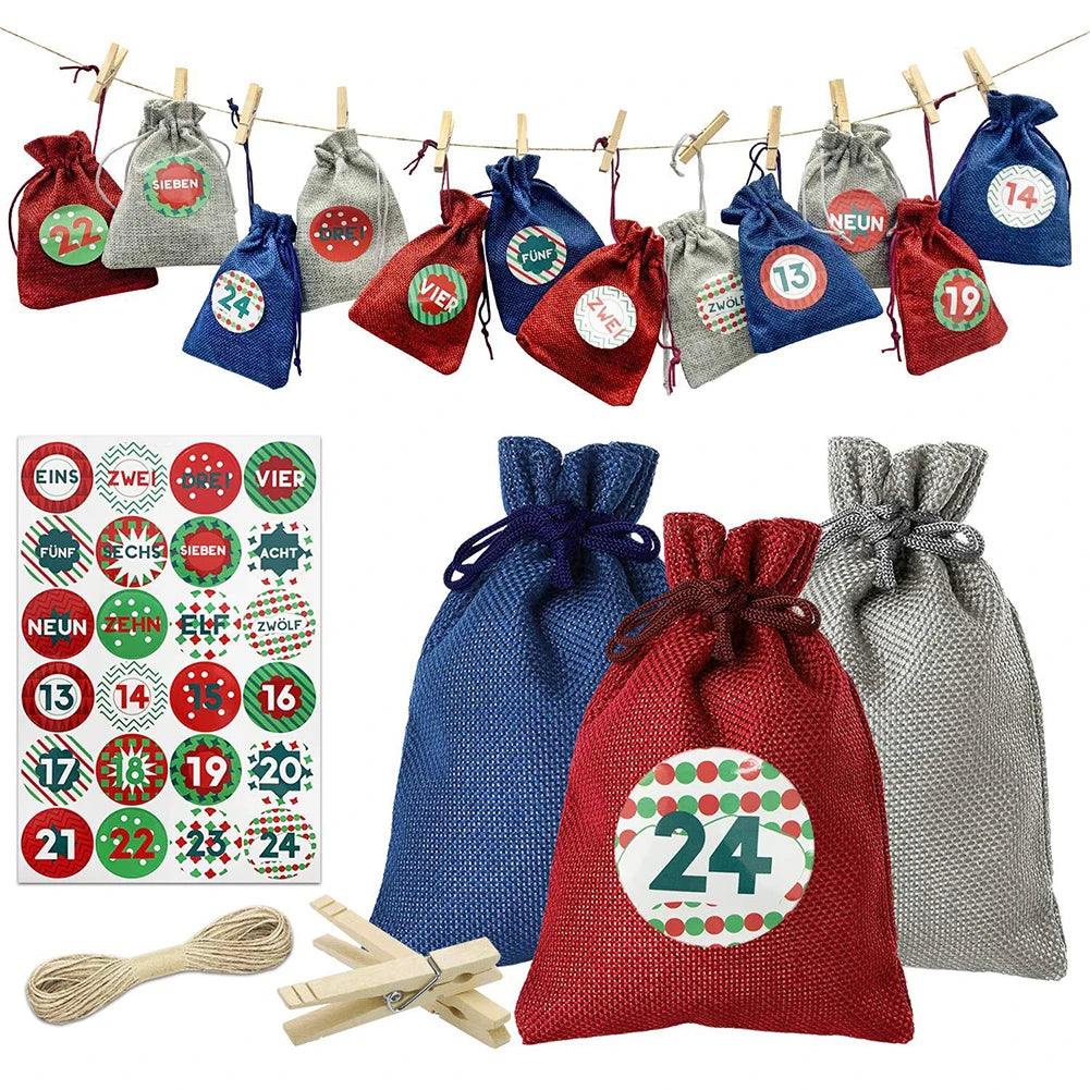 24Pcs Christmas Advent Calendar Bag Linen Wall Hanging Drawstring Bag with Clips Wooden Sign 2022 Christmas Countdown Advent Bag