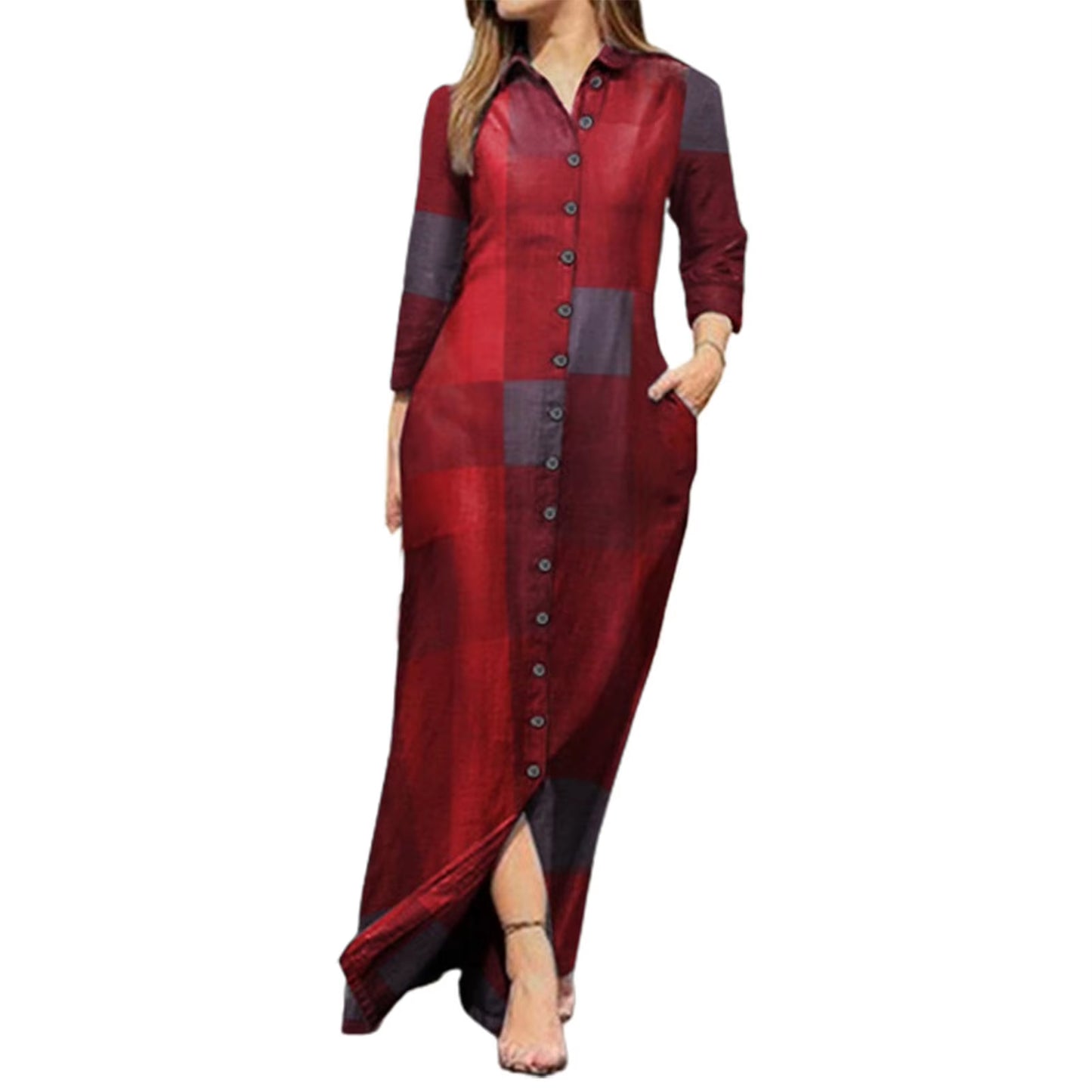 New Autumn Casual Fashion Women Dress Single-Breasted Long Sleeve Printed Loose Maxi 