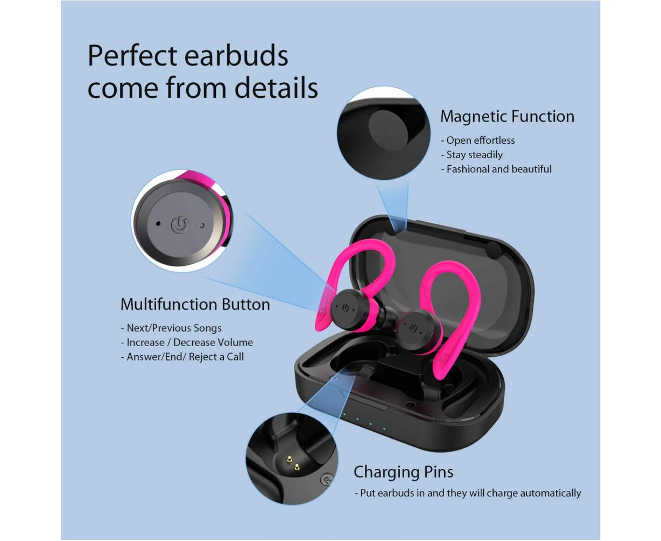 "Vibrant Rose Red Sport Waterproof Wireless Bluetooth Earphones with Built-In Microphone – Perfect for Active Lifestyles!"