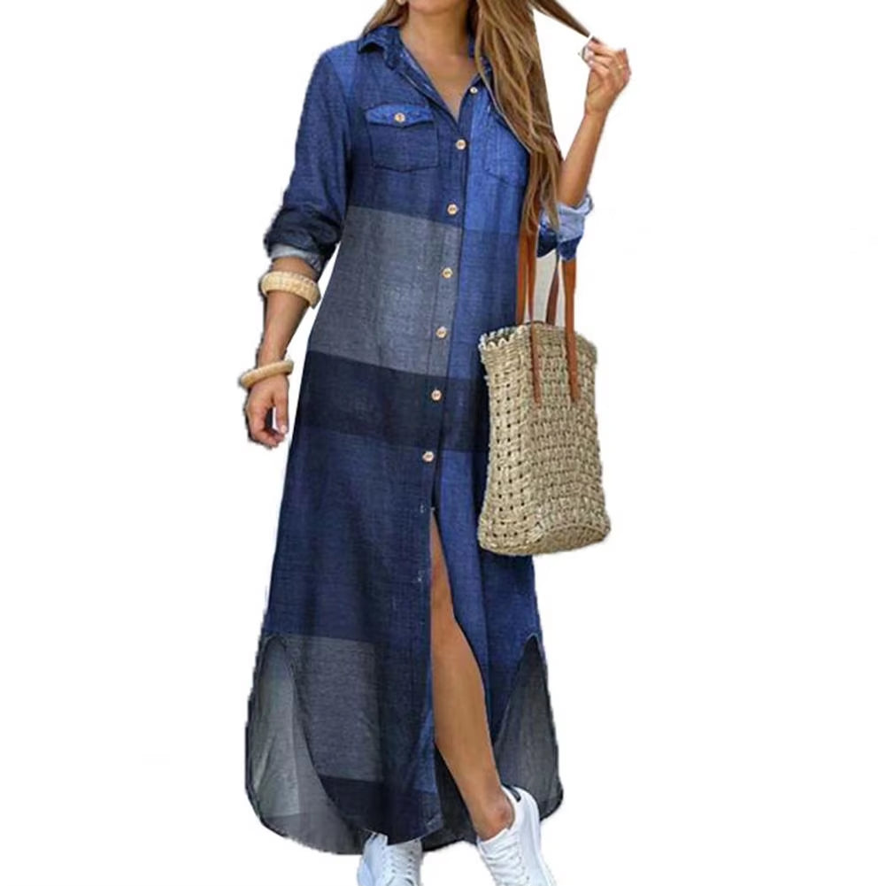 New Autumn Casual Fashion Women Dress Single-Breasted Long Sleeve Printed Loose Maxi 