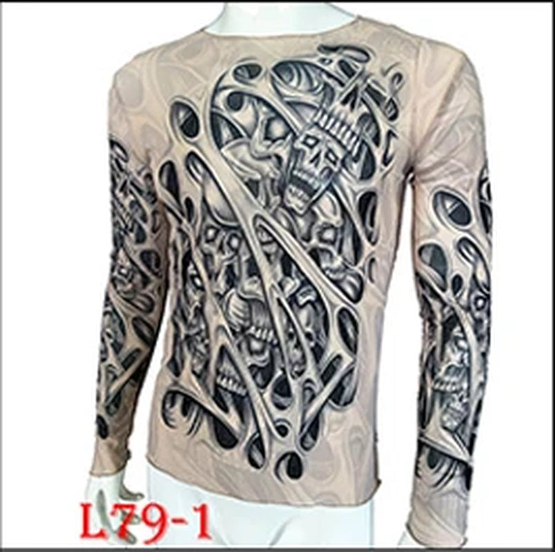 Fashion Men'S Fake Tattoo T-Shirts Long Sleeve Elastic Modal Thin All over Print O-Neck Tattoo Shirts Women Halloween Clothing