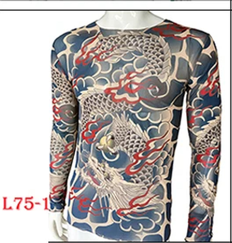 Fashion Men'S Fake Tattoo T-Shirts Long Sleeve Elastic Modal Thin All over Print O-Neck Tattoo Shirts Women Halloween Clothing