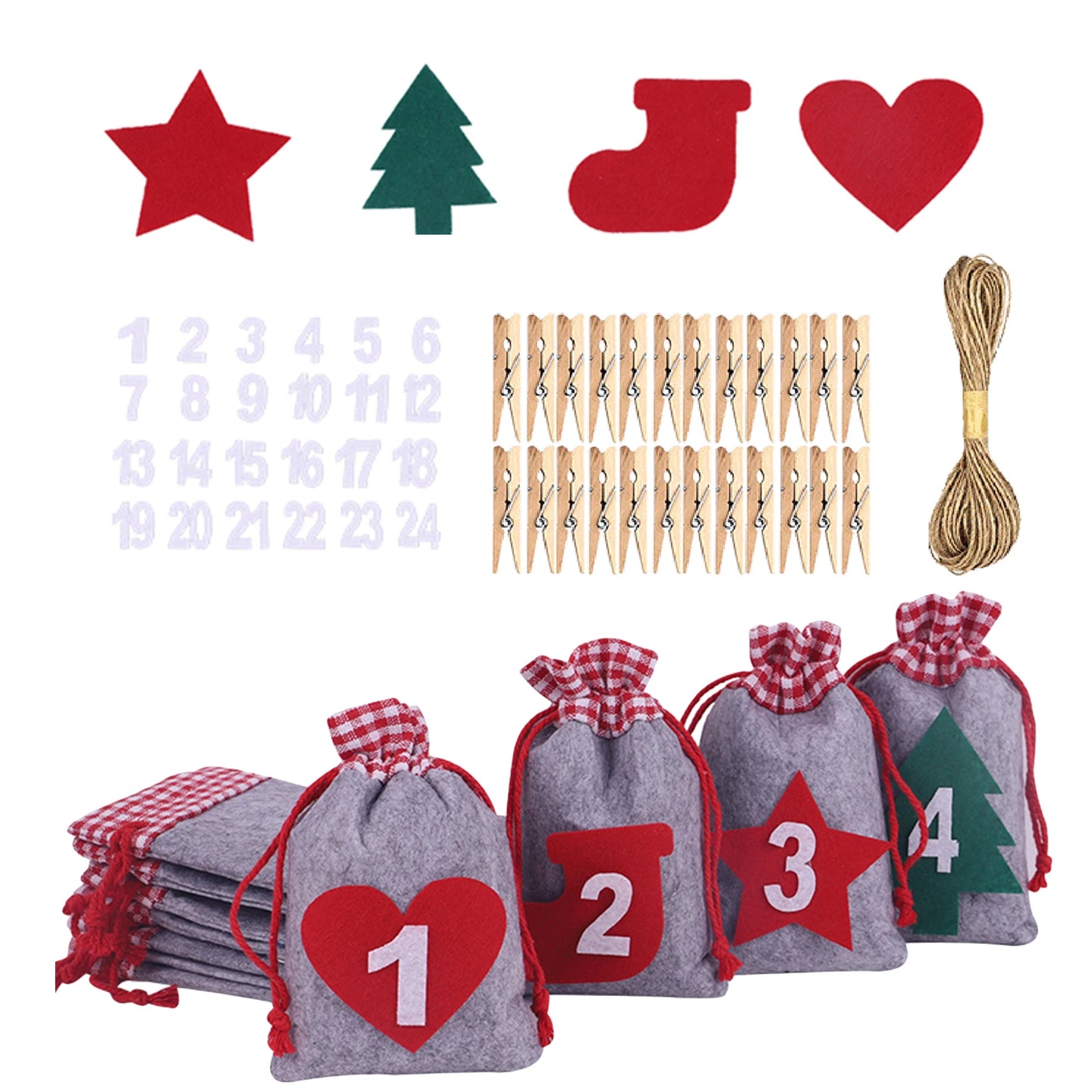 24Pcs Christmas Advent Calendar Bag Linen Wall Hanging Drawstring Bag with Clips Wooden Sign 2022 Christmas Countdown Advent Bag