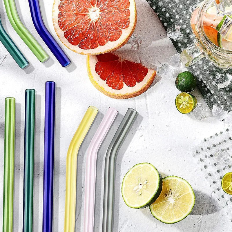 Eco-Friendly Reusable Glass Straws for Smoothies, Milkshakes, Tea, Juice, and Cocktails - Multi-Color Set with Cleaning Brush