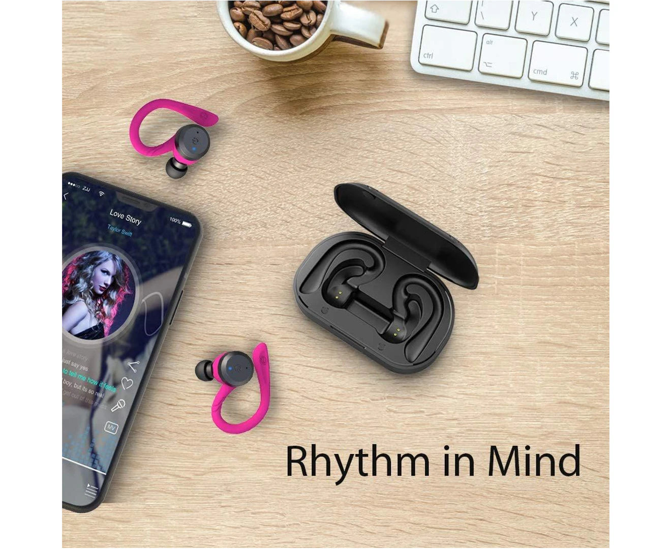 "Vibrant Rose Red Sport Waterproof Wireless Bluetooth Earphones with Built-In Microphone – Perfect for Active Lifestyles!"