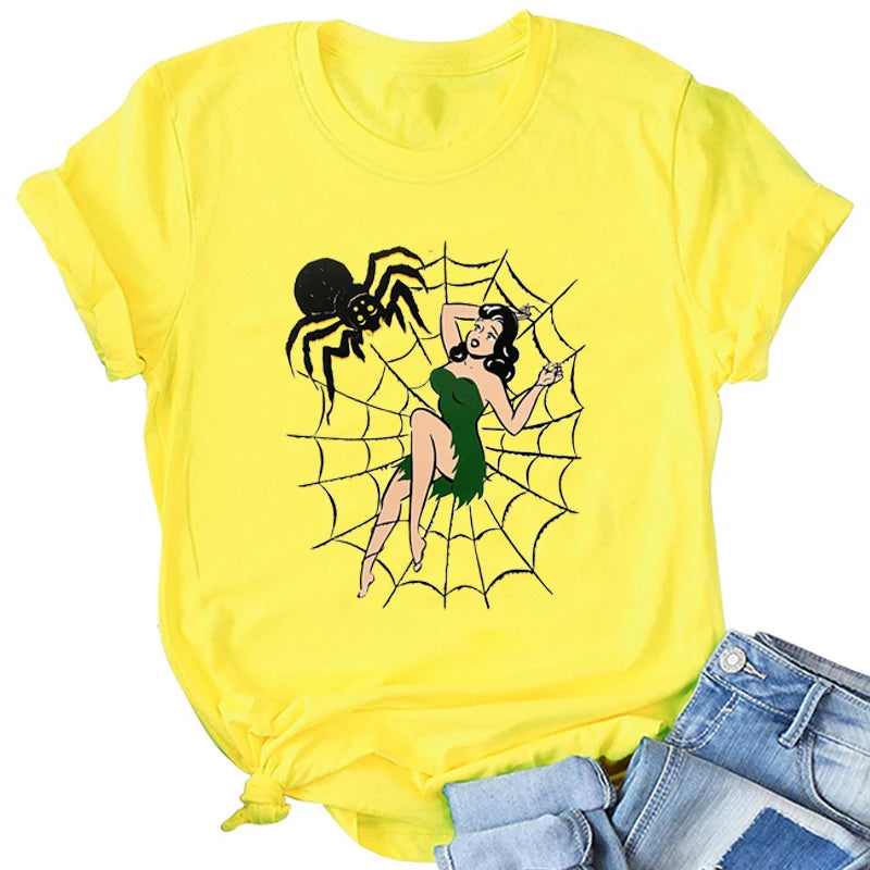 Web of Lies Funny Witch T Shirts Women Cotton Halloween Tshirt Causal Streetwear Big Size Clothing Punk T Shirts Dropshipping