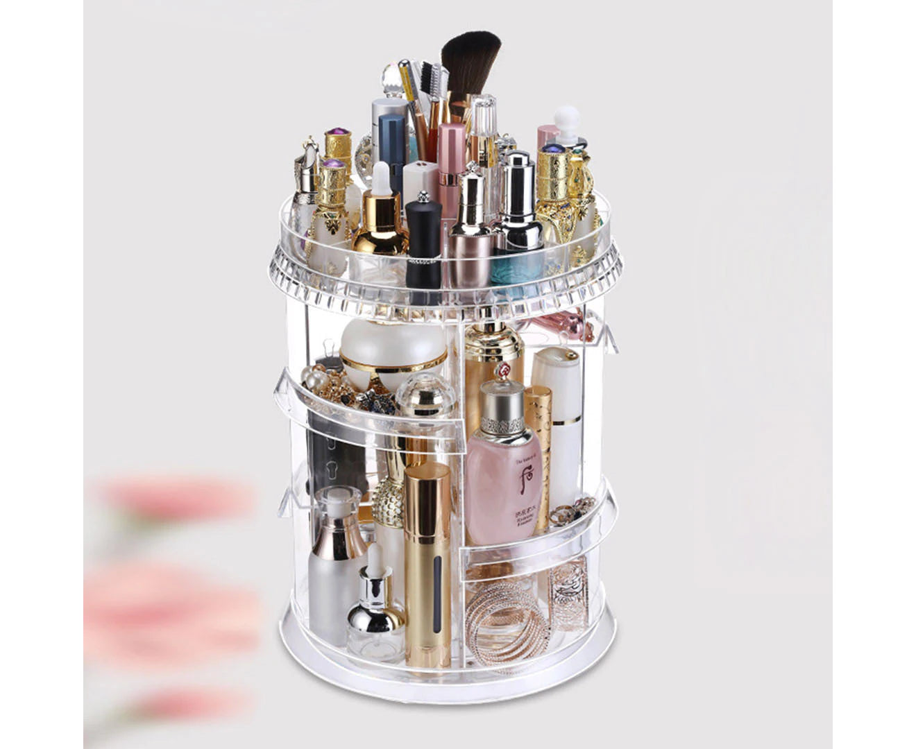 "Ultimate 360° Rotating Makeup Organizer - Elegant Cosmetics & Skincare Display Stand for Home Décor"