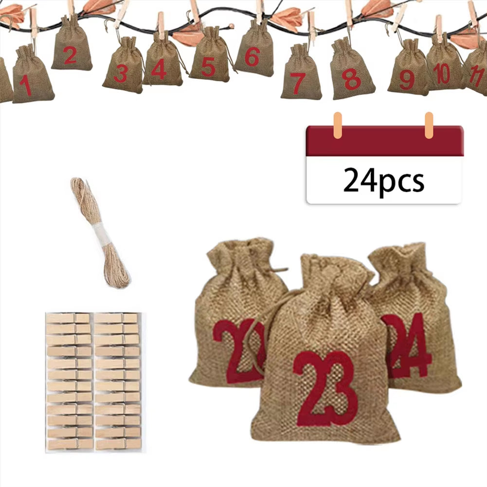 24Pcs Christmas Advent Calendar Bag Linen Wall Hanging Drawstring Bag with Clips Wooden Sign 2022 Christmas Countdown Advent Bag