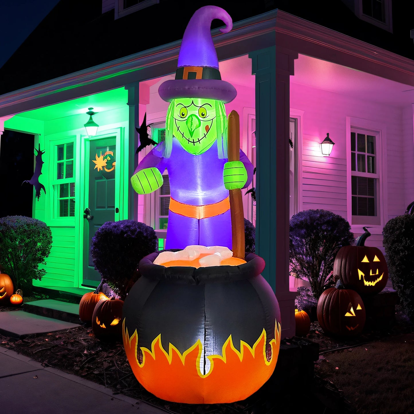 6 FT Halloween Cute Witch and Cauldron Inflatable Witch Outdoor Decorations Blow up Yard for Outdoor Garden Lawn Party Decor