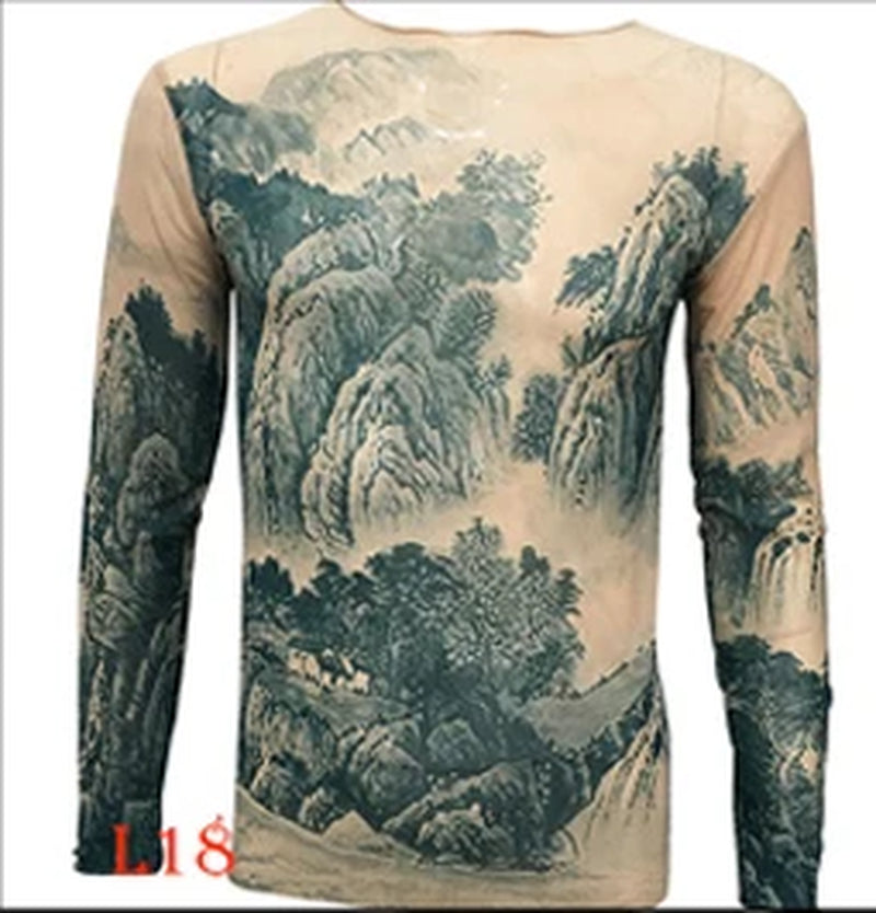 Fashion Men'S Fake Tattoo T-Shirts Long Sleeve Elastic Modal Thin All over Print O-Neck Tattoo Shirts Women Halloween Clothing