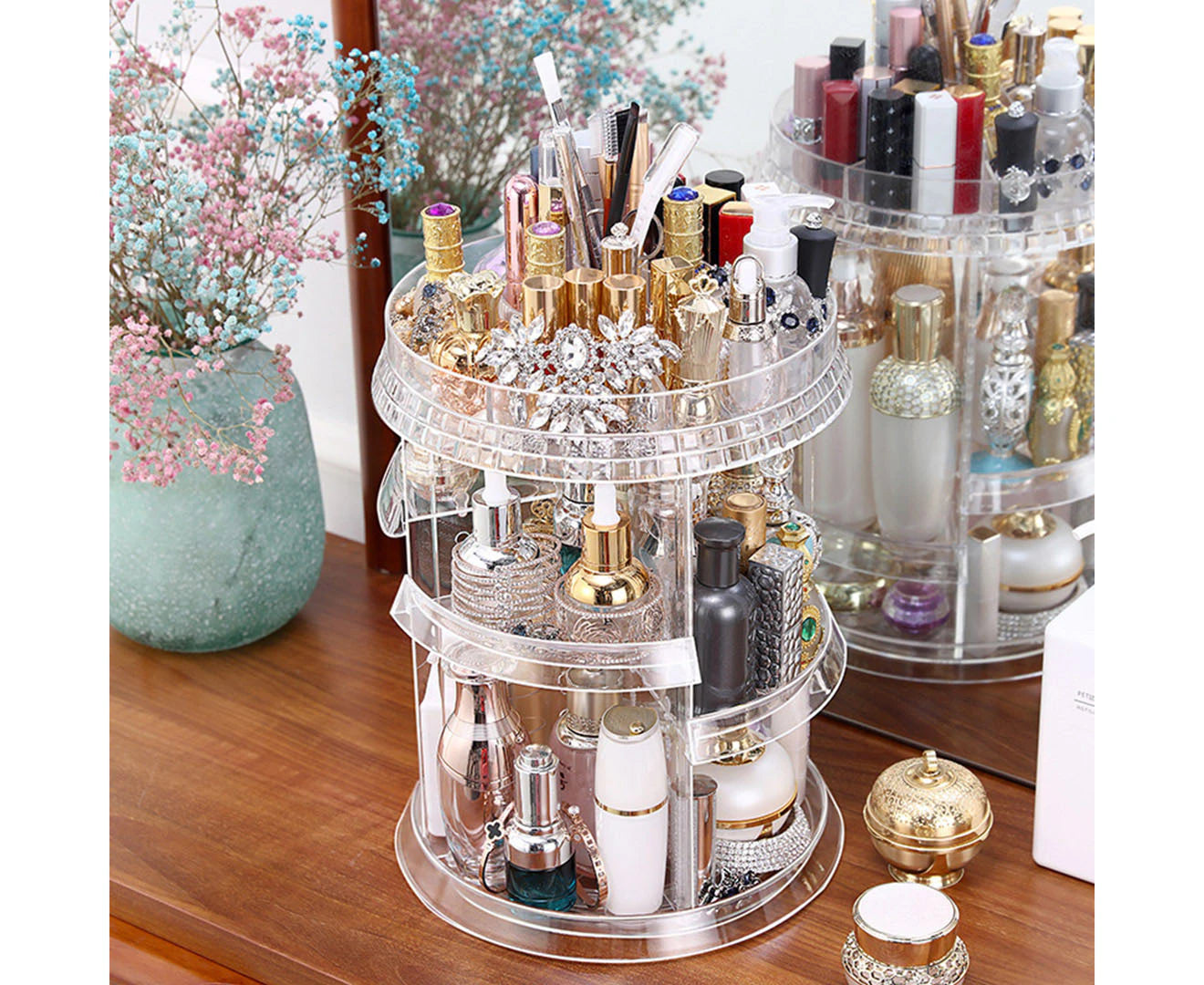 "Ultimate 360° Rotating Makeup Organizer - Elegant Cosmetics & Skincare Display Stand for Home Décor"